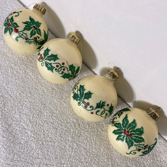 Vintage Accents Cream Green Glass Christmas Tree Ornaments X4 - Picture 4 of 11